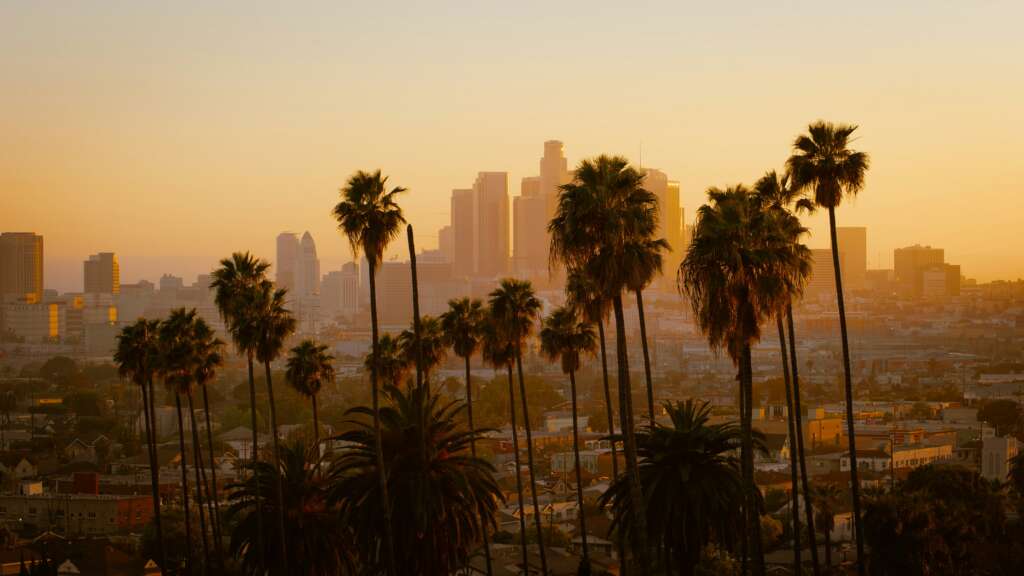 Sunset view of Los Angeles skyline with palm trees, symbolizing the city’s diversity and healthy eating in Los Angeles through global cuisines